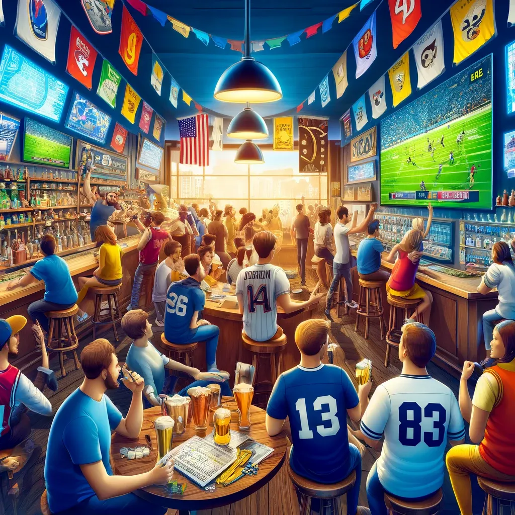 Bar olahraga ramai dengan penggemar dalam jersey, menonton pertandingan dan berdiskusi tentang taruhan, dikelilingi oleh memorabilia olahraga