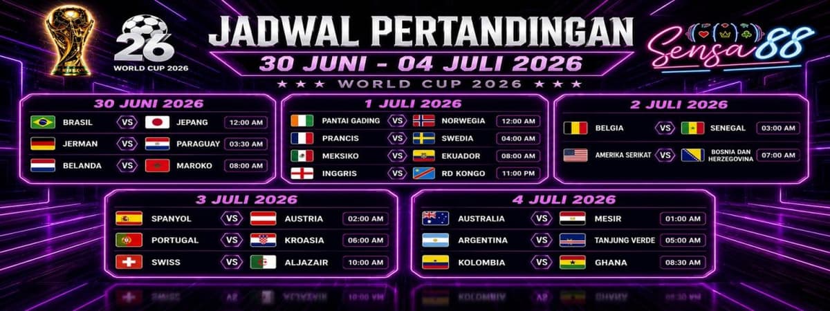 Jadwal Piala Dunia 30 Juni - 4 Juli 2026 Sensa88 Banner